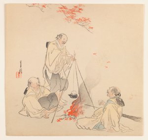 Men by Fire in Autumn、c.1890-1910（woodblock color print） 作： Ogata Gekko